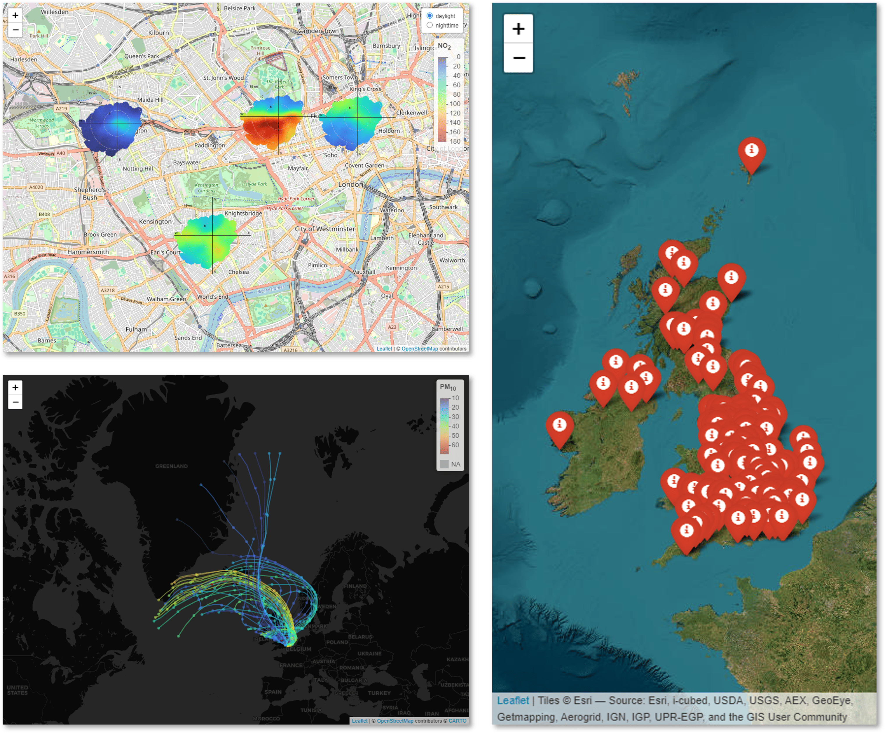 An assembly of openairmaps maps, all of which are screenshots of dynamic leaflet maps. Top right: bivaraite polar plots. Bottom right: HYSPLIT trajectories. Right: markers displaying the locations of UK AURN sites.